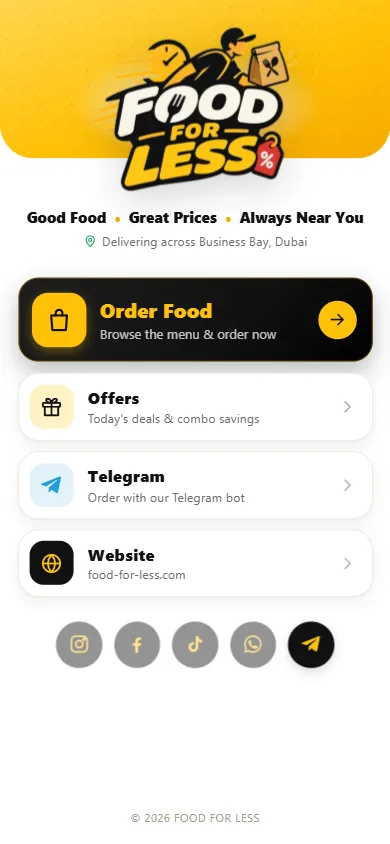 The Food For Less link page with buttons for ordering and contact.