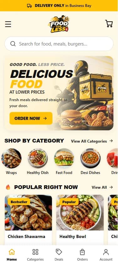 The Food For Less storefront on a phone, with a bottom navigation bar.